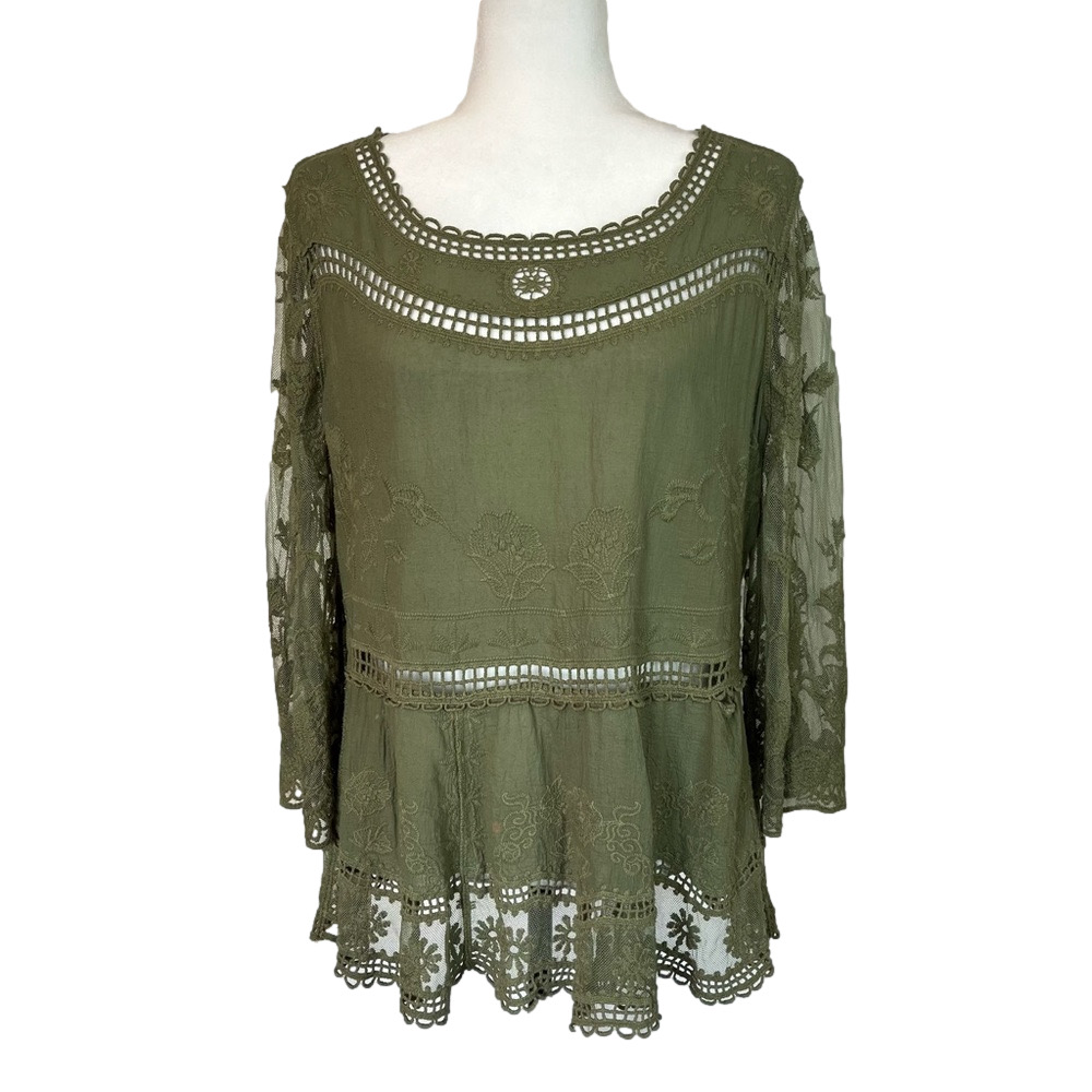 Ultra Pink Womens Lace Crochet Sage Green Top L Mesh Flared 3/4 Sleeves Bohemian